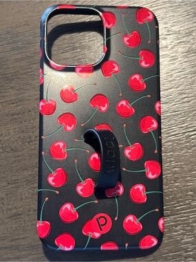 Loopy Case 13 PRO MAX- Cherry Pattern Black Phone Case with PopGrip Stand